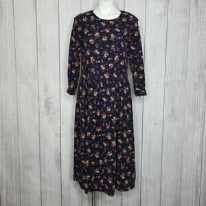 Linen Cotton Floral Midi Dress Long Sleeve Cottagecore Prairie Style, sz Medium